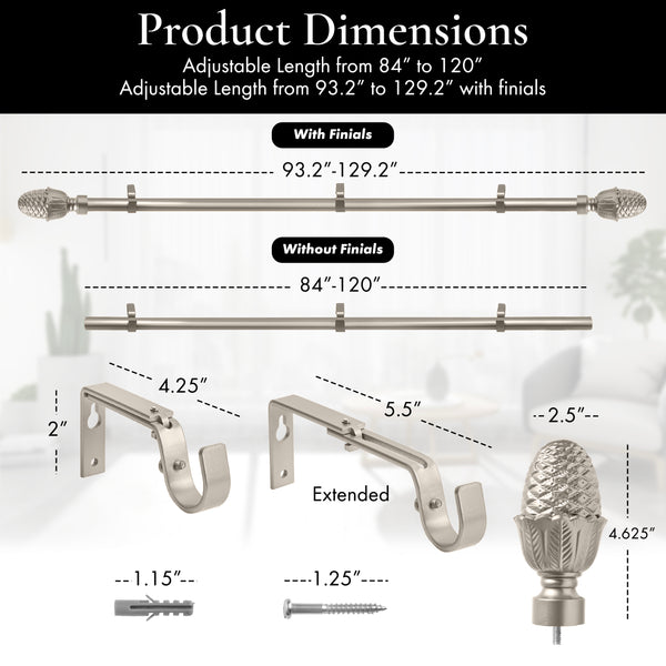 Meriville 1" Diameter Telescoping Single Window Treatment Curtain Rod, Acorn Finials